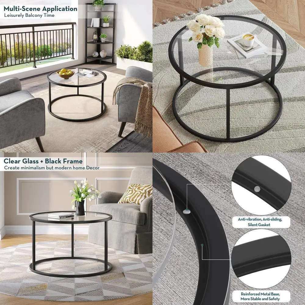 

Компактный круглый стеклянный журнальный столик, столешница из закаленного стекла 27,6 дюйма, подходит для акцентного или центрального размещения в гостиной, офисе, небольших помещениях.