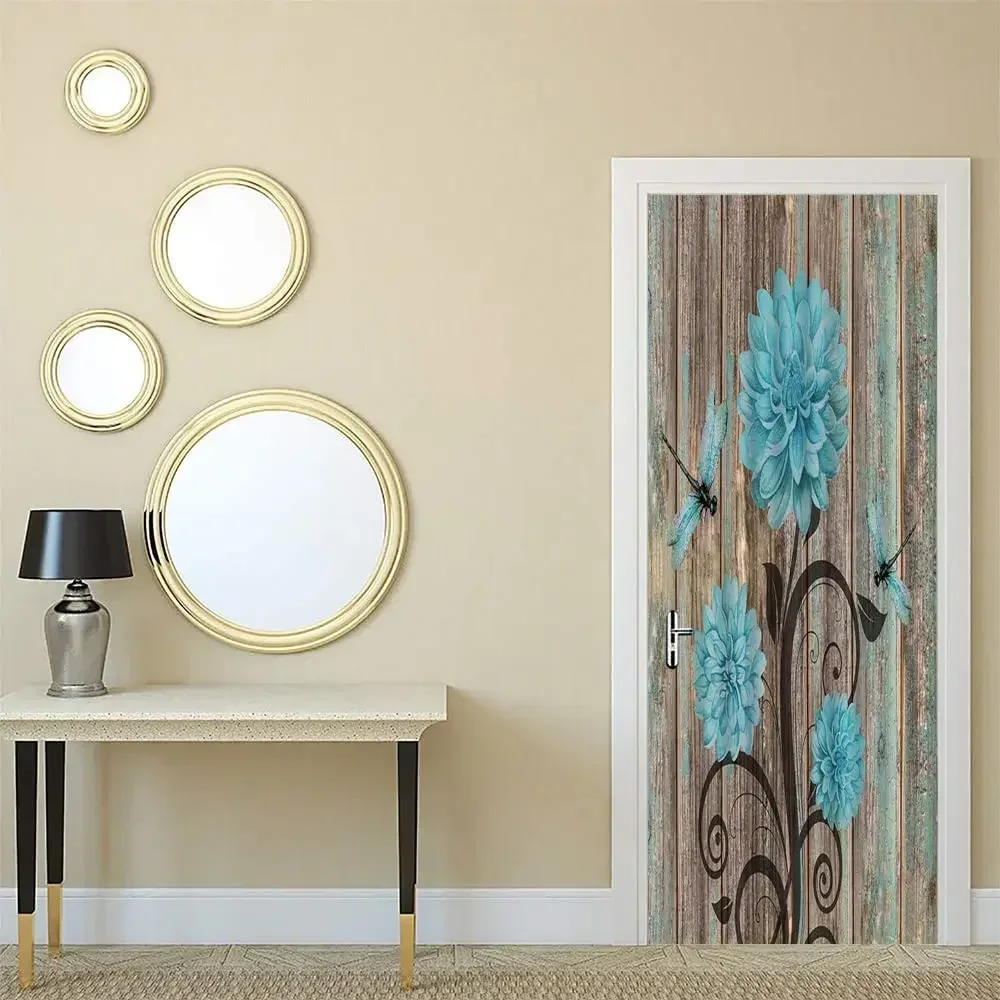 Planks and Flowers Door Sticker Board Blue Colorful Floral Decal Removable Plant Door Mural Poster Wallpaper Home Bedroom Decor