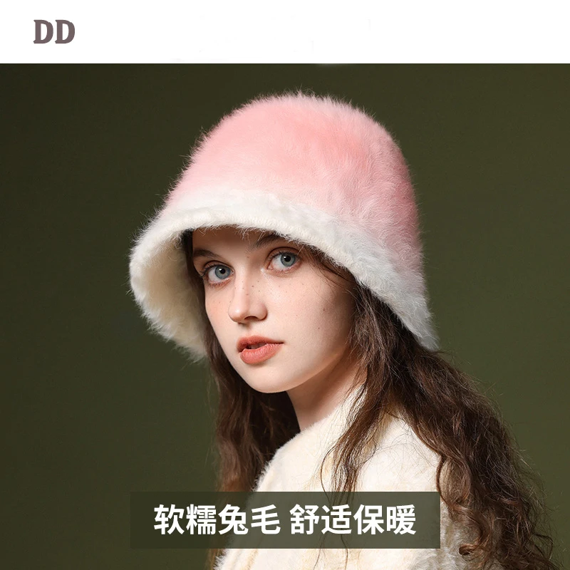 Knitted Rabbit Fur Cold Autumn Winter Gradient Rabbit Warm Fisherman Hat Women Outdoor Cycling Cold Ear Protection Cap Female