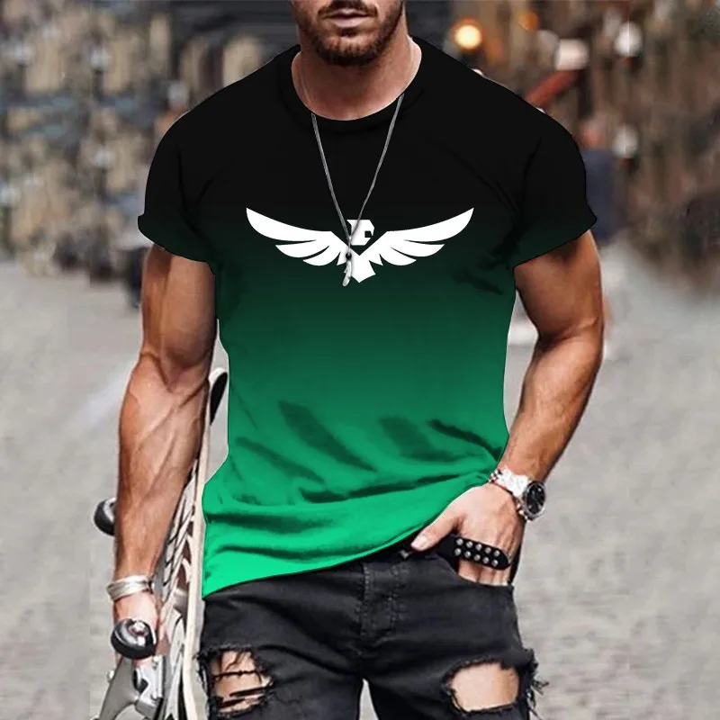 

Trendy and fashionable summer men's gradient color 3D printing design eagle pattern jogging versatile short-sleeved T-shirt