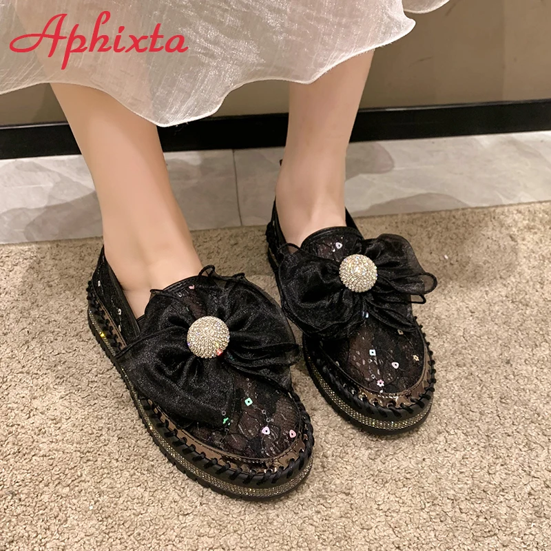 Aphixta 2023 Summer Air Mesh Luxury Crystals Bowknot Flats Platform Shoes Loafers Couple Woman Colorful Cool Shoes Plus Size 44