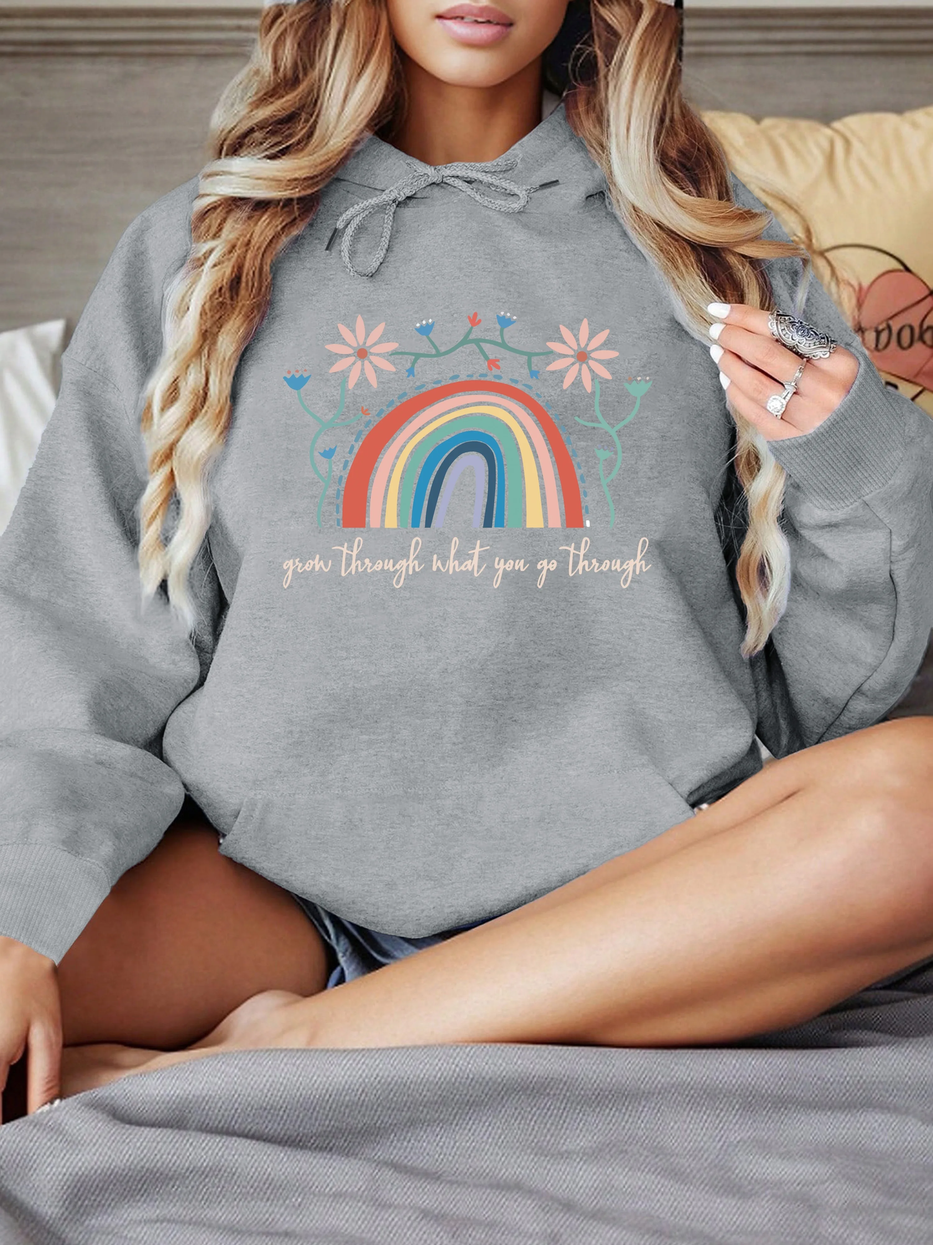 

Rainbow & Letter Print Drawstring Hoodie, Casual Long Sleeve Kangaroo Pocket Hoodie Sweatshirt, Women's Clothing