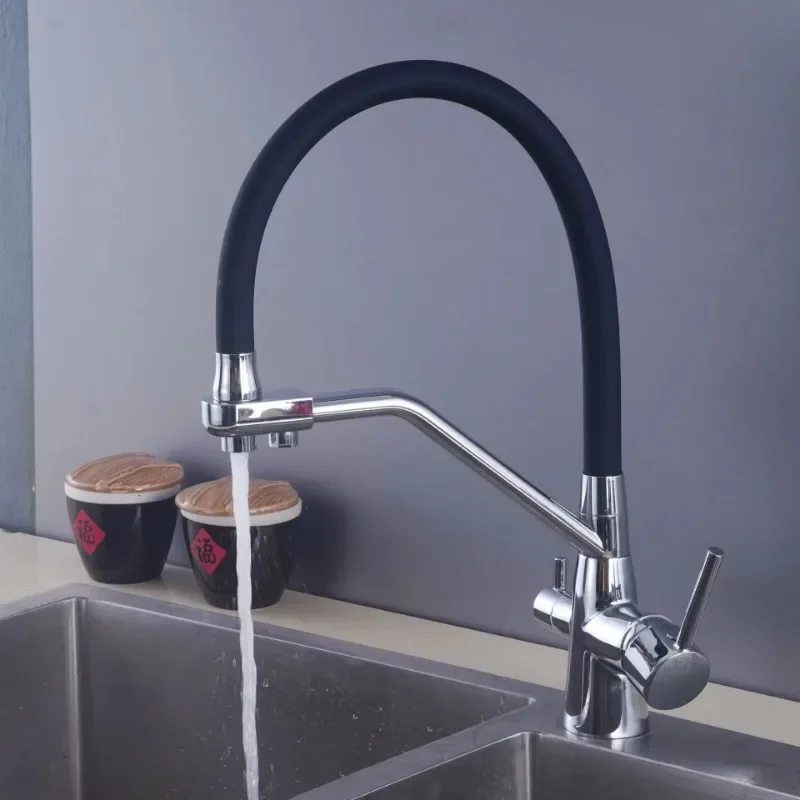 New Golden Chrome Kitchen Sink Tap Pure Water Filter Mixer Dual Handles Purification Faucet Hot and Cold Water Crane