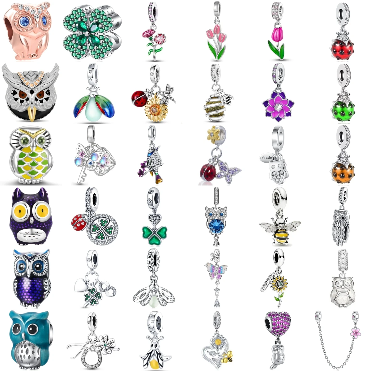 New 925 Fashion Sterling Silver Owl Ladybug Magpie Sunflower Pendant Charm Fit Original Bracelet DIY Fine Jewelry Gift