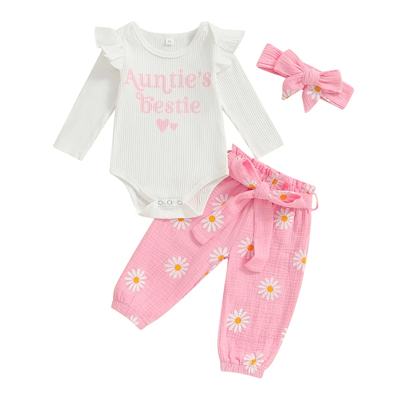 

Baby Girl Fall Outfits Ribbed Letter Print Long Sleeve Romper Daisy Print Long Pants with Belt Headband 3Pcs Clothes Set