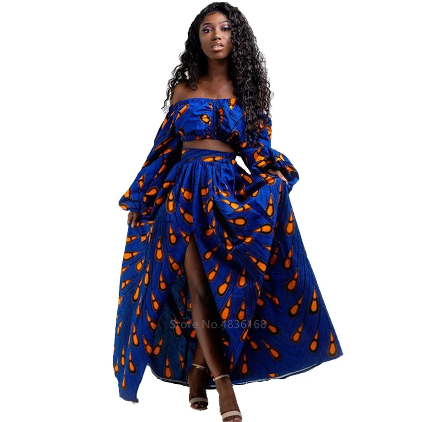 African Dresses for Women Autumn 2-piece Set Lady Full Sleeve Shoulder Off Festher Dashiki Print Split Skirts Africna Clothes