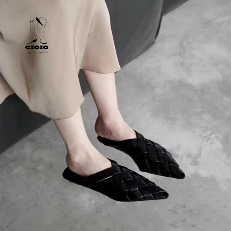 Baotou Pointy Half Slippers Women's Flat Sandals Woven Hollow Sandals Mature Style Personality Everything Commuter Soft News