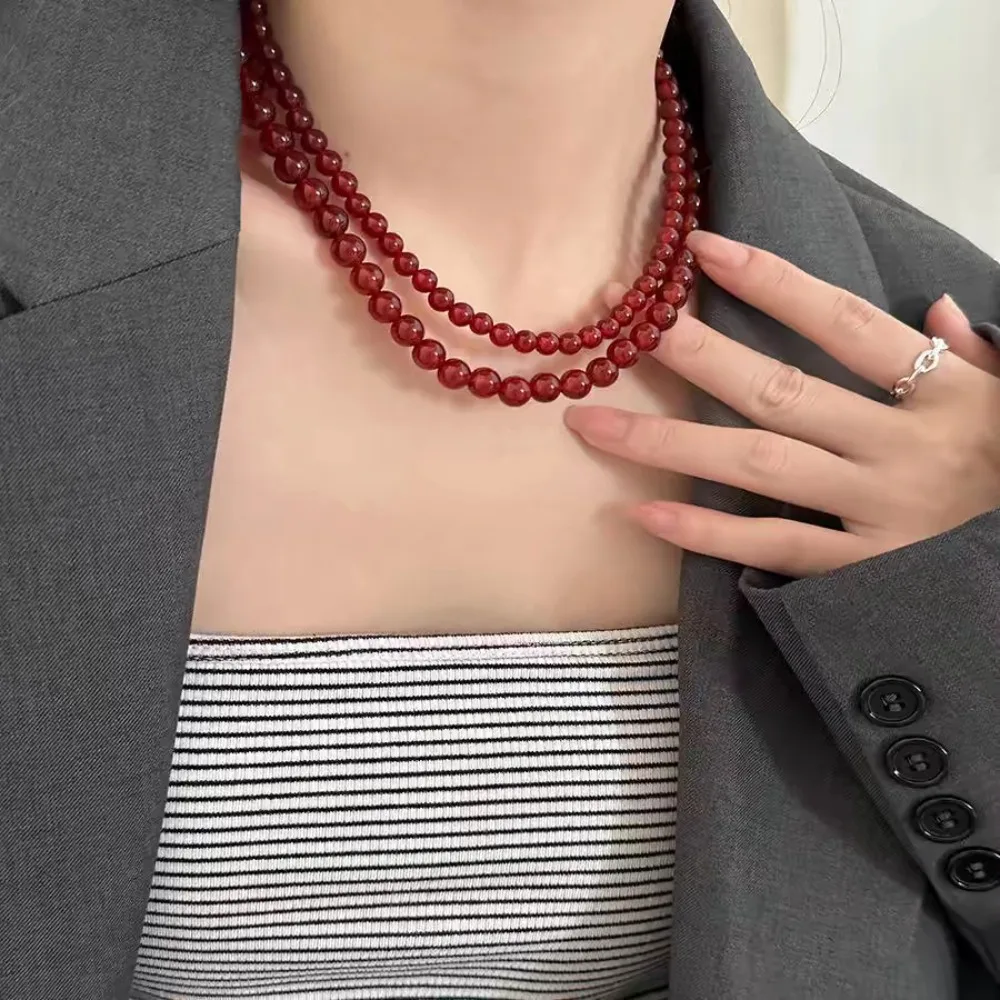 Nueva moda Retro Ancora collar de cuentas de perlas de imitación rojas para mujer encanto temperamento cadena de clavícula accesorio de joyería regalo