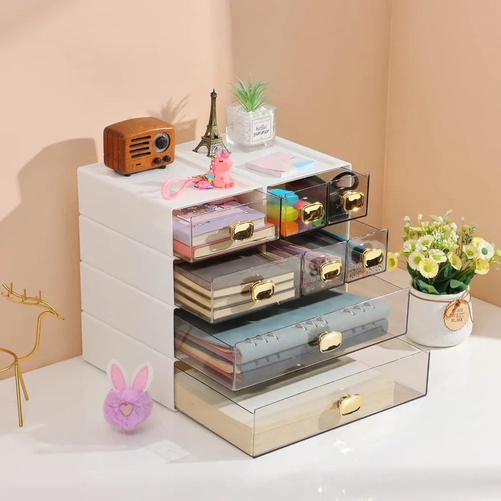 Stackable Desktop Storage Box with 2 Large Drawers, White Plastic Organizer for Office & Home