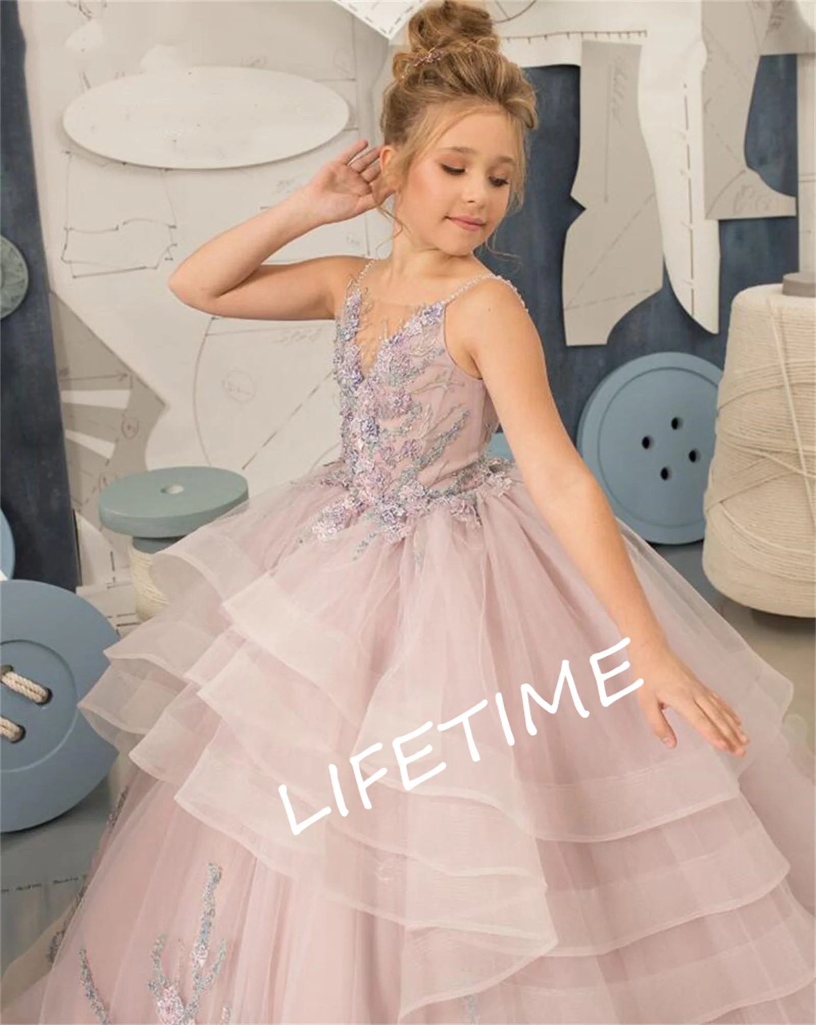 

Mint Kids Flower Girl Dresses Puffy Princess Dress Tulle Applique First Communion Dresses Pageant Gown