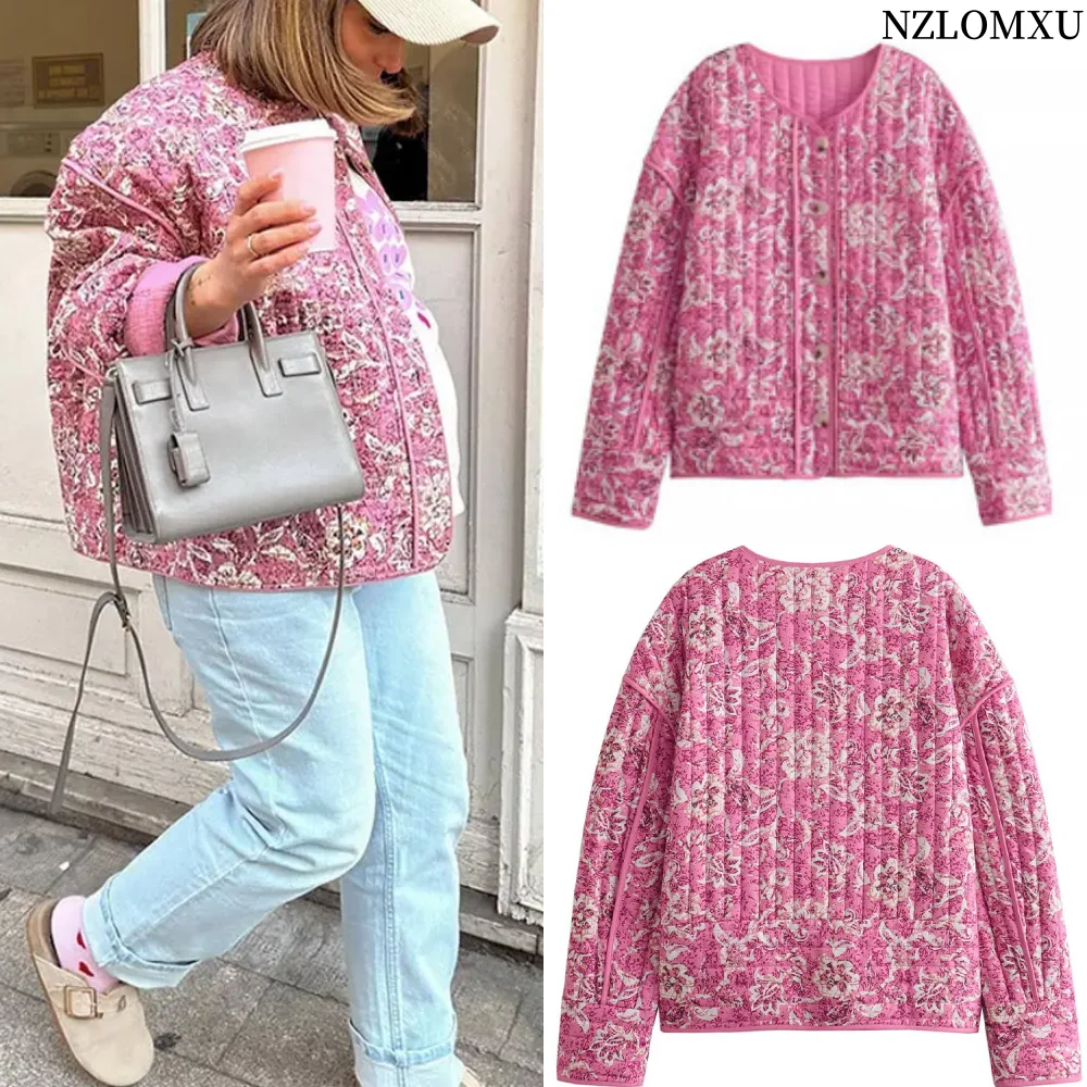 Spring Women Flower Print Quilted Jacket Fashion O Neck Single Breasted Warm Coat Winter Chic Lady High Street Outerwear