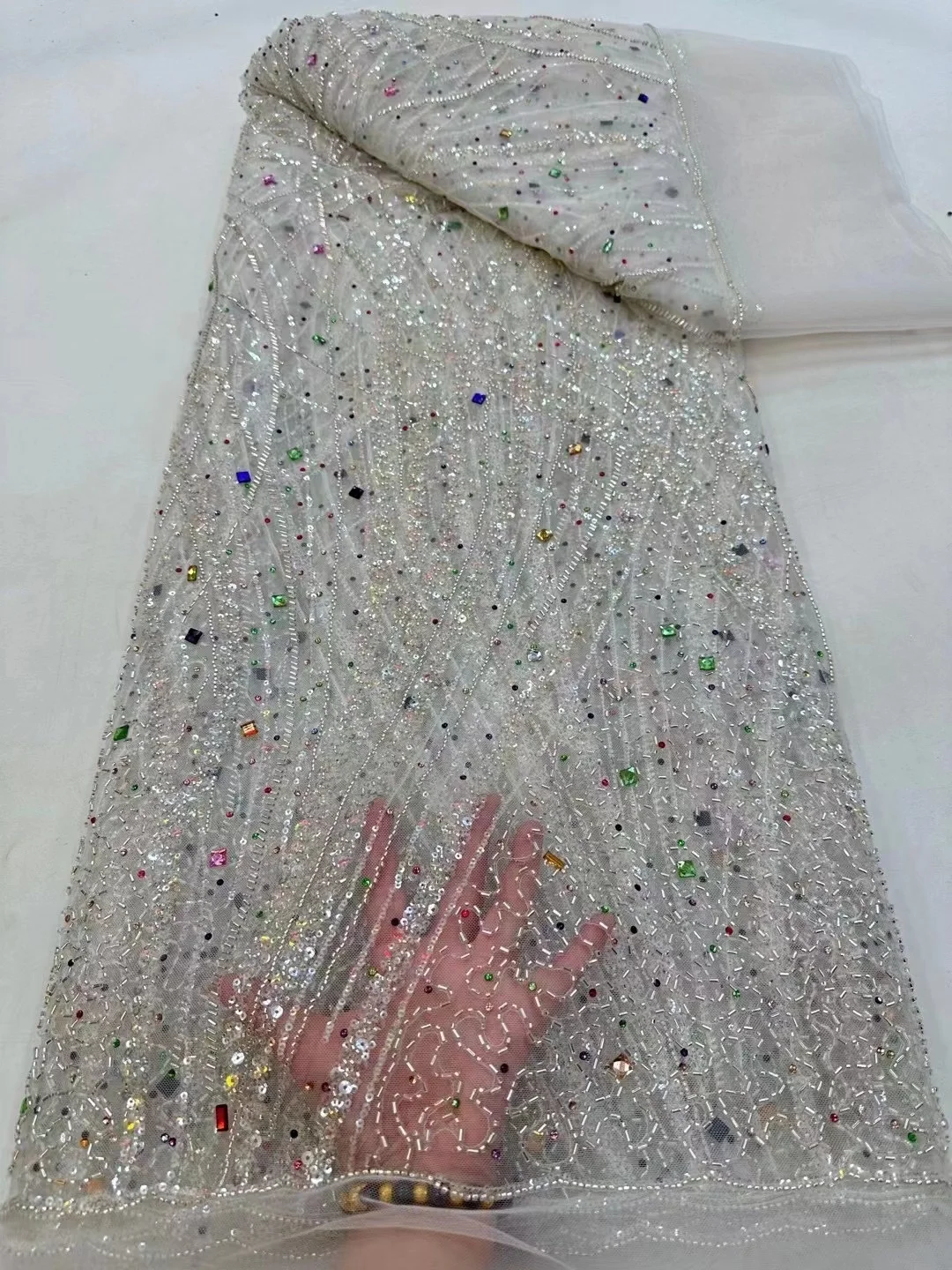 

5 Yards Luxury African Sequins Lace Fabric 2024 High Quality French Nigerian Beaded Stones Lace Fabric For Sewing Dress Wedding