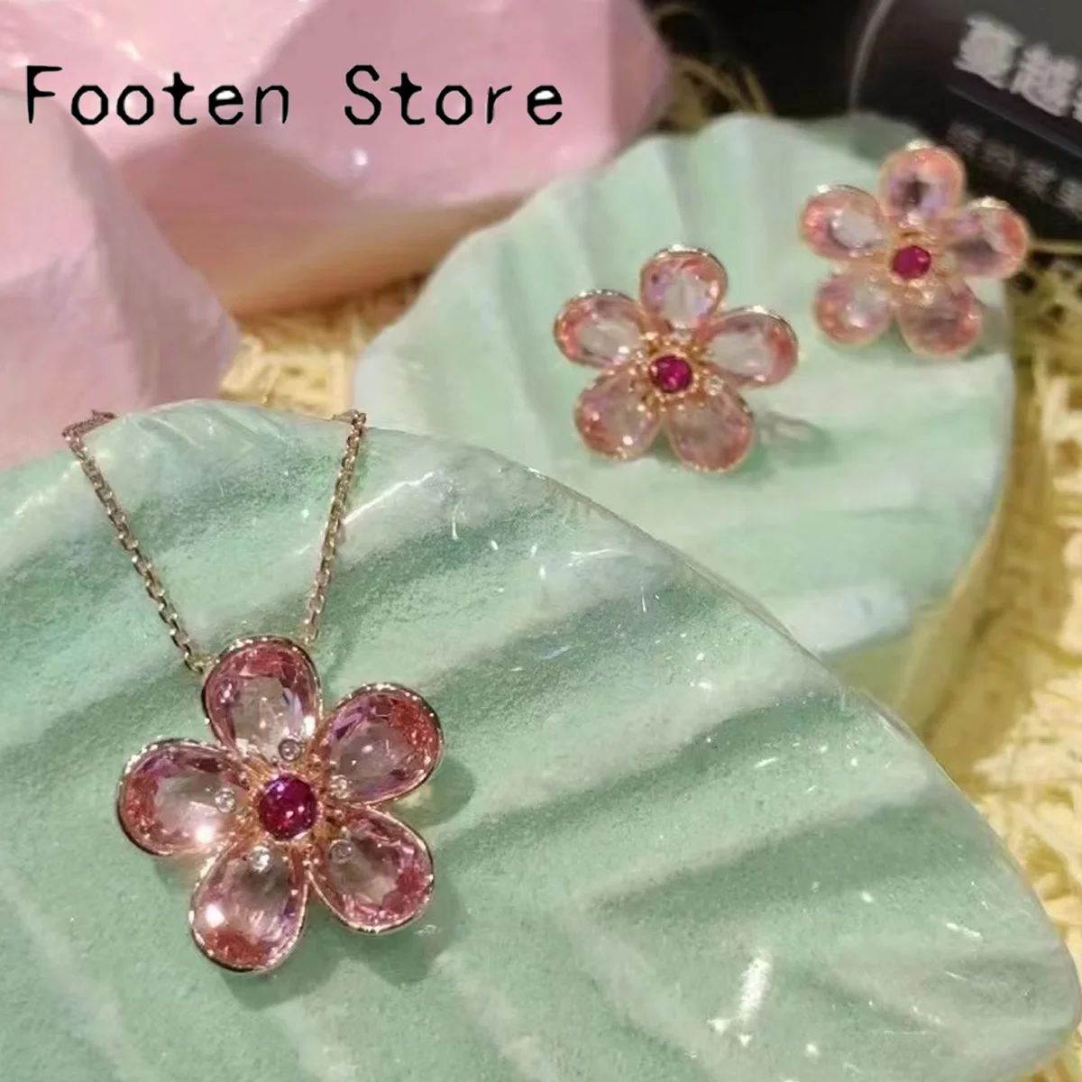 

Original 2024 New Trend Luxury Fine Set Charm Yellow Pink Flower Crystal Fashion Necklaces Earrings Ring Romantic Gift For Women