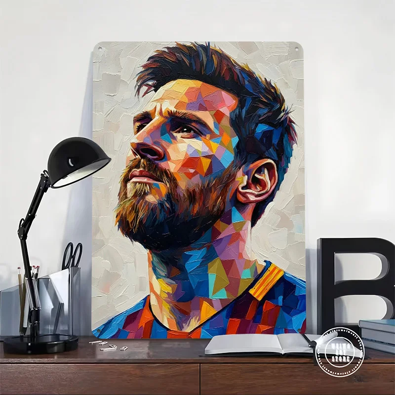 Colorful Portrait of Lionel Messi Personalized 3D Textured Metal Poster Wall Art Tinplate Sign for Modern Home Decoration Luxury