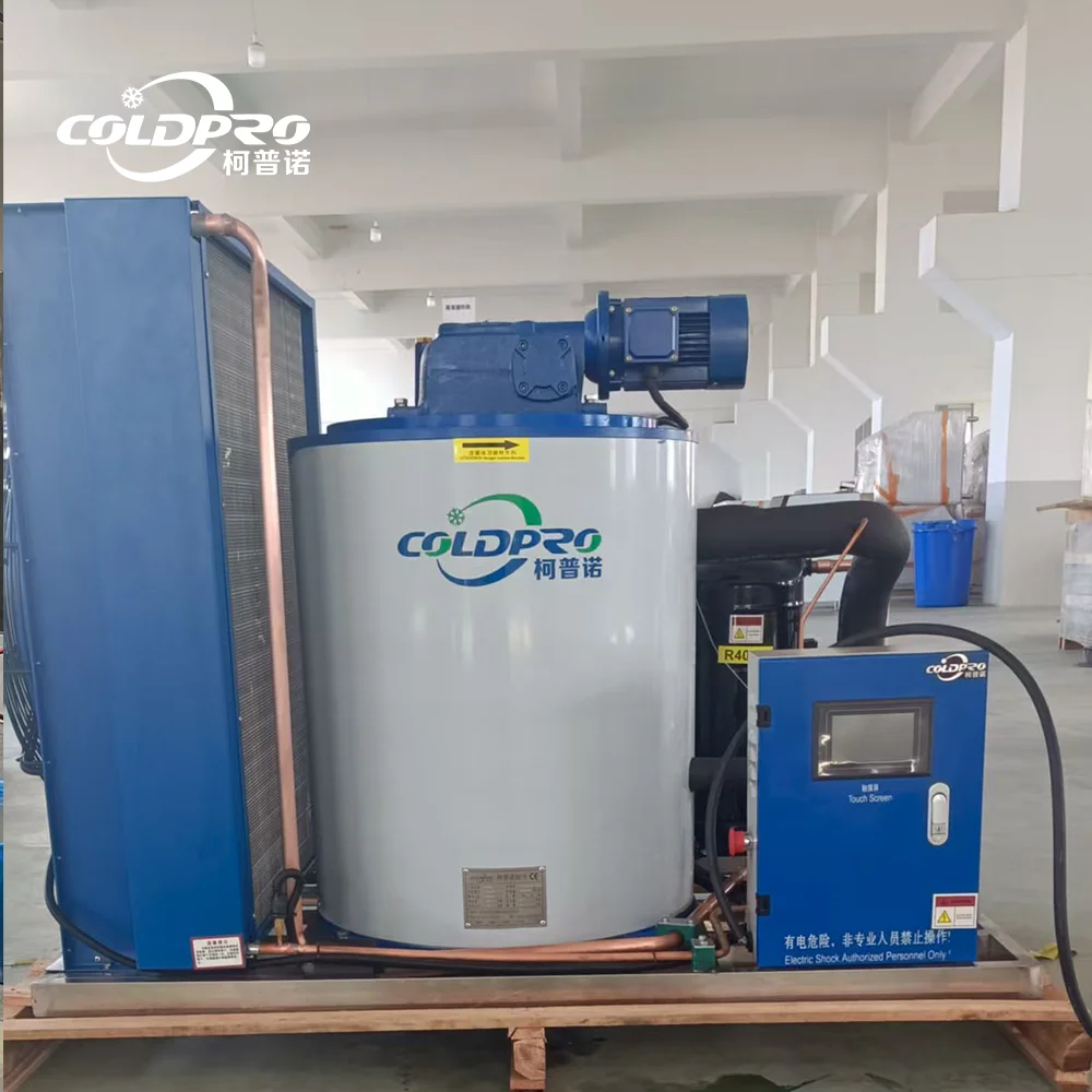 

Промышленный льдогенератор COLDPRO 1500 кг/24 ч для чешуйчатого льда с двигателем и насосом, для использования с соленой водой, управление ПЛК, нержавеющая сталь 304/316