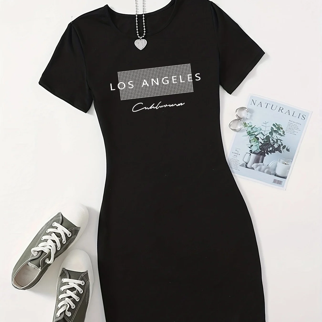 Zomer damesmode Los Angeles letterprint casual sexy slim fit nauwsluitende korte mouwen ronde hals T-shirt minirok