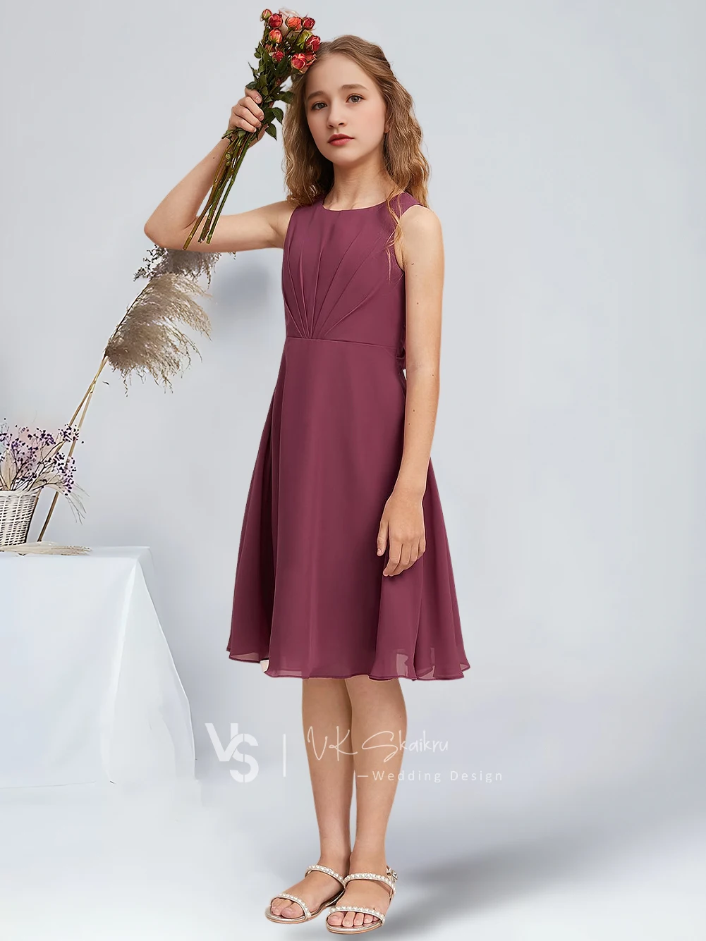 Elegant A-Line Scoop Knee-Length Chiffon Junior Bridesmaid Dresses Mulberry Charming Flower Girl Dresses Party Wedding Kids