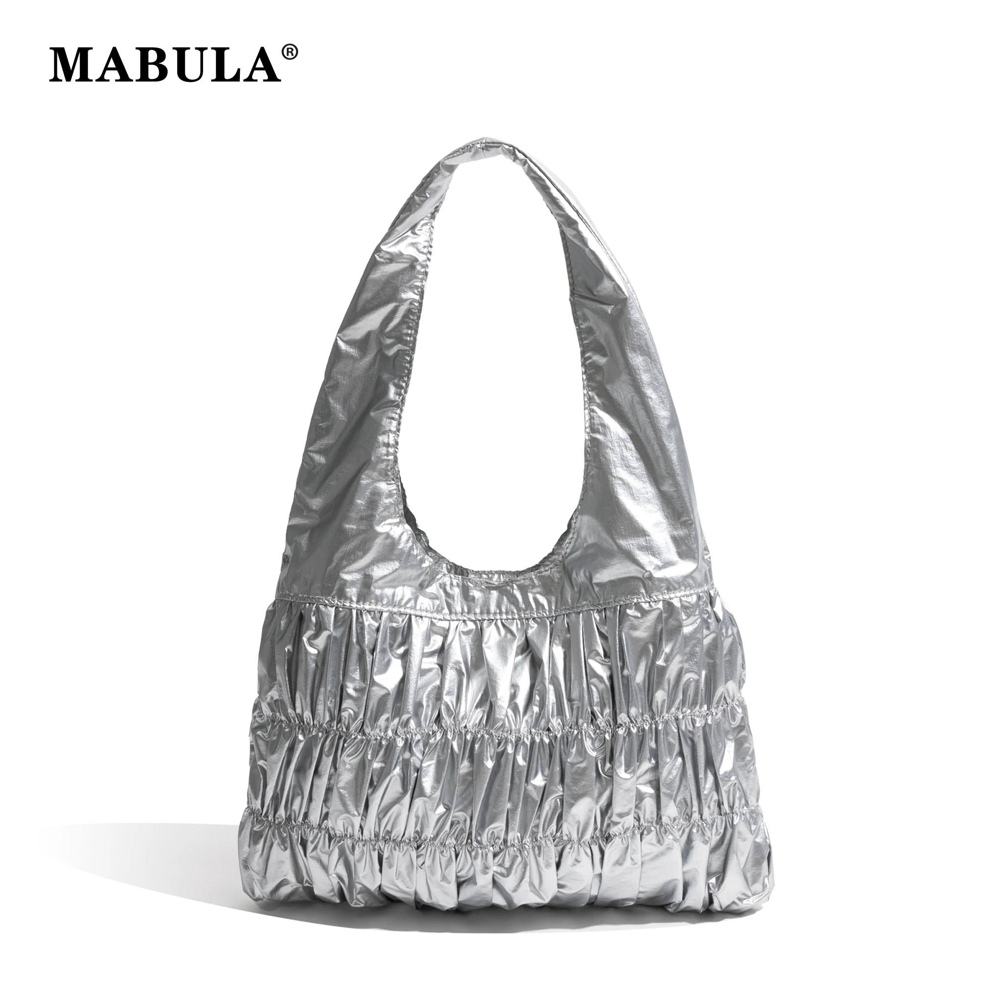 

MABULA Vintage Pleated Underarm Tote Bag Solid Black Silver Fashion Simple Women Bright Nylon Handbag Girl Daily Shopping Purse