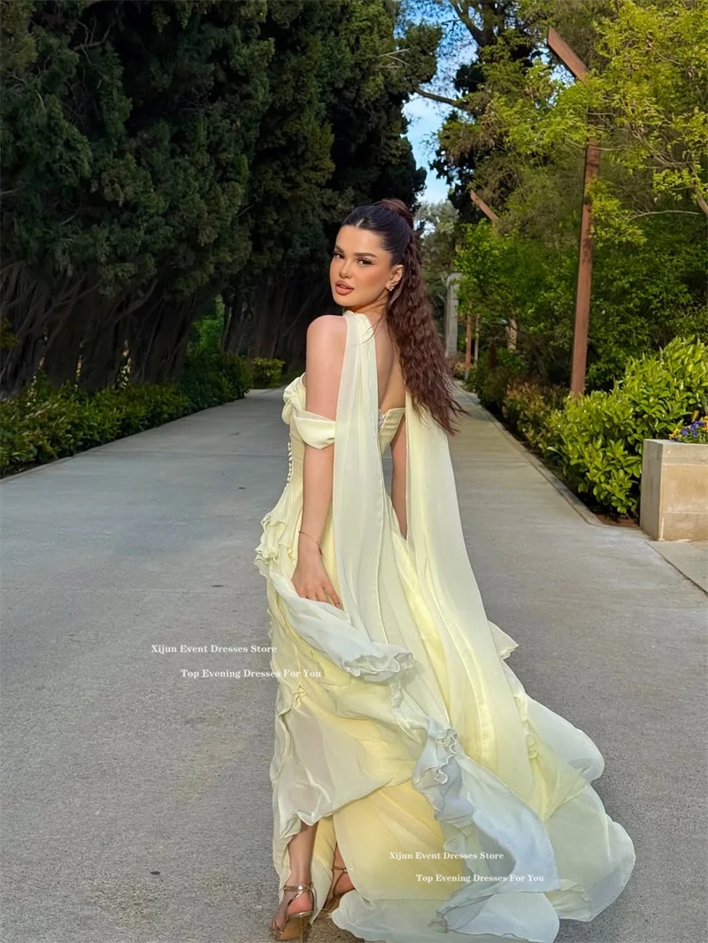 Xijun Elegant Yellow Chiffon Evening Dresses Ruffles A-Line Long Prom Dresses Off The Shoulder Luxury Dubai Prom Gowns Customize