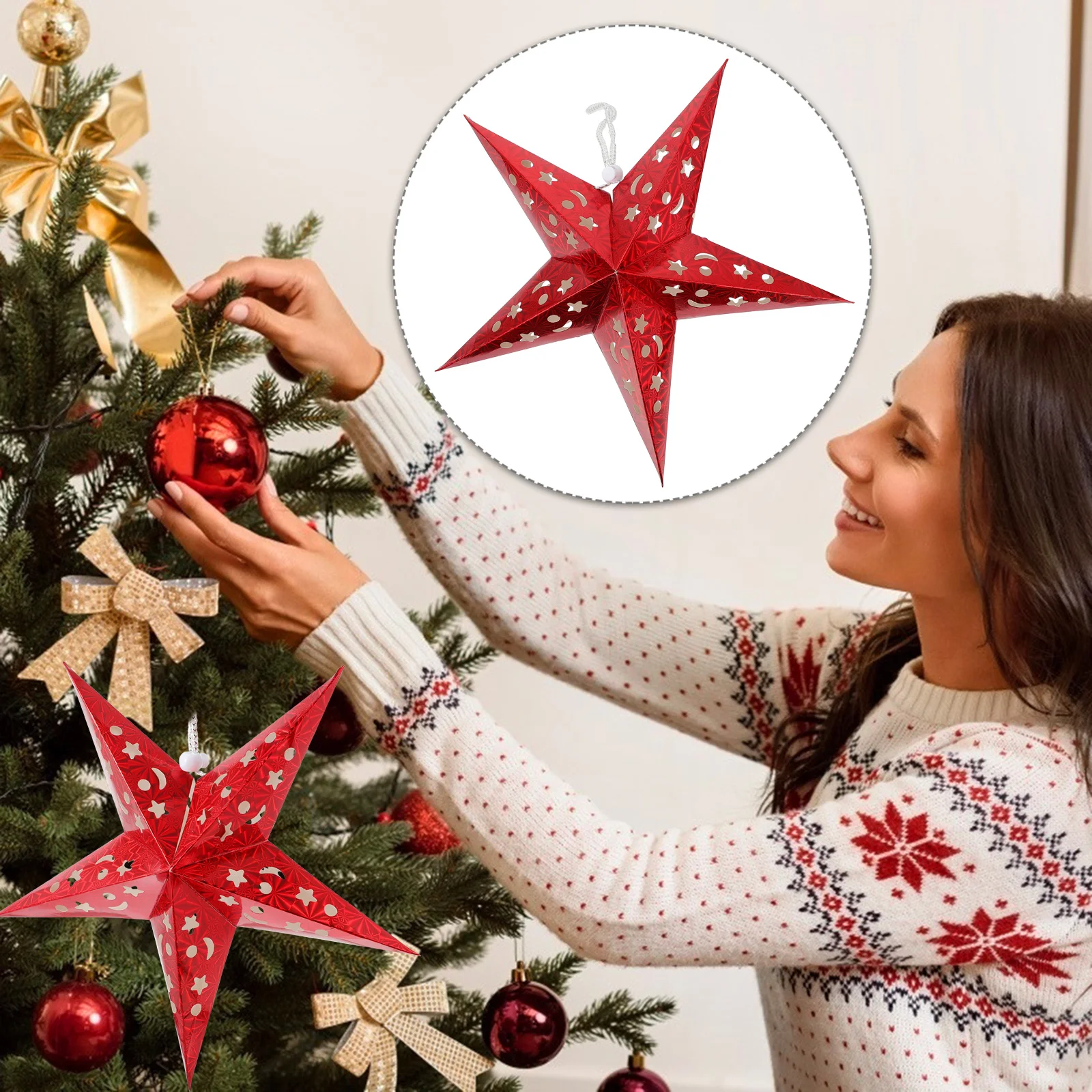 

4Pcs Christmas Pentagram Lampshade 3D Paper Five for Tree Garland Lantern Light Shade Christmas Decorations