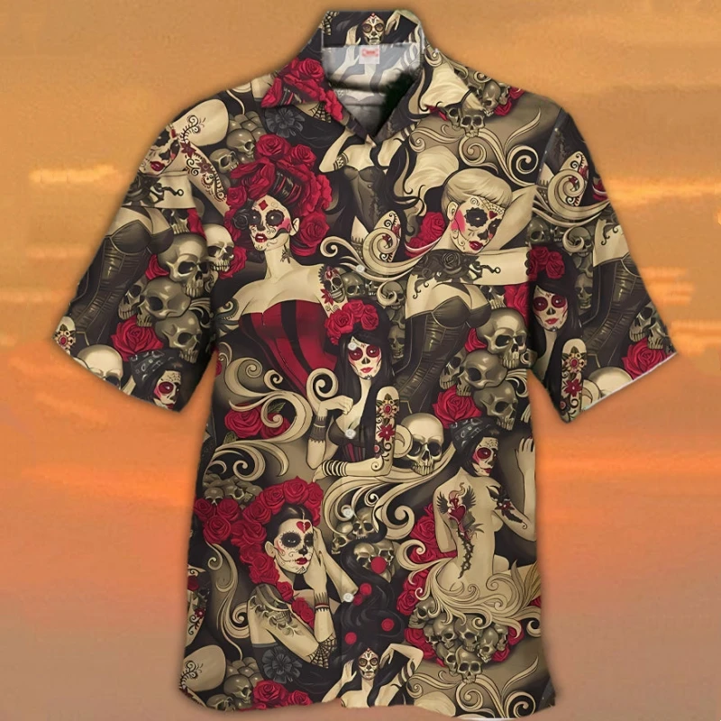 Camisa con estampado de calavera para hombre, camisa Retro informal con cuello cubano, ropa informal de playa, camisas hawaianas de manga corta de gran tamaño