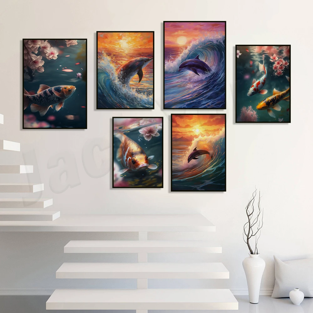 فن المناظر الطبيعية اليابانية، فن الأسماك الصفاء، اللوحة الشرقية الفن الياباني، لوحة المحيط دولفين آرت الحياة البحرية على الشاطئ جدار الفن