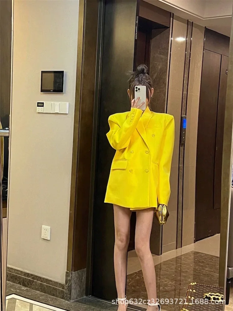 Fashion Yellow Oversize Blazer Coat for Women 2024 Early Autumn New Design Sense Chic Idle Style Casual Suit Jacket Top Ladies