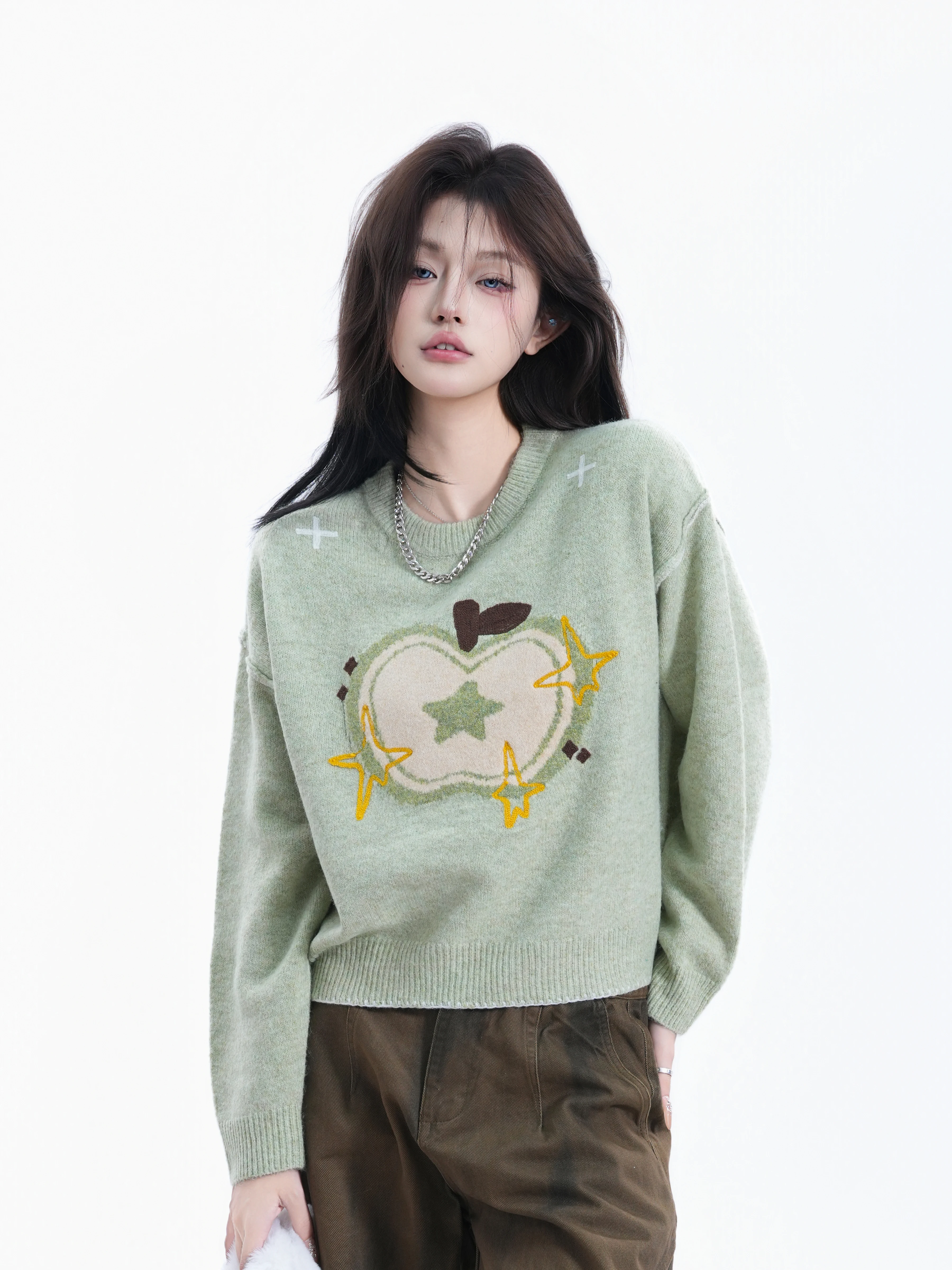 Loose Women's Knitted Sweater  Pattern Lazy Style Casual Comfortable Long Sleeve round Neck Pullover Autumn Winter Top