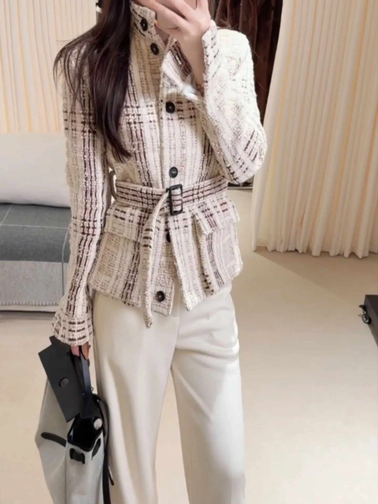 

Женский твидовый жакет Ele с поясом и полосками, весна 2026, легкий, люксовый, модный, приталенный, с длинными рукавами и воротником-стойкой