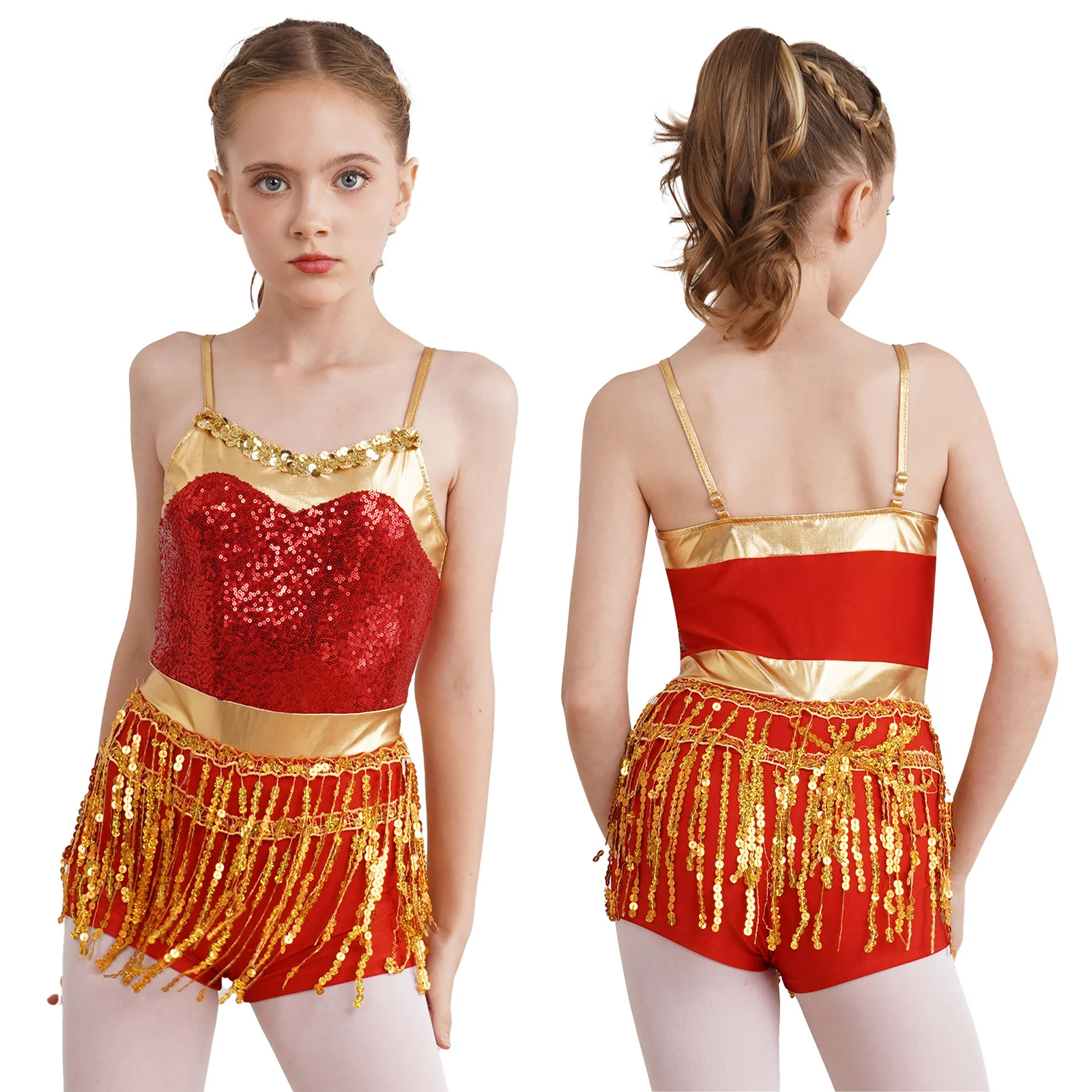 

Latin Samba Cha-cha Dance Bodysuit Kids Girls Shiny Sequin Fringe Metallic Sleeveless Boyleg Jumpsuit for Party Performance