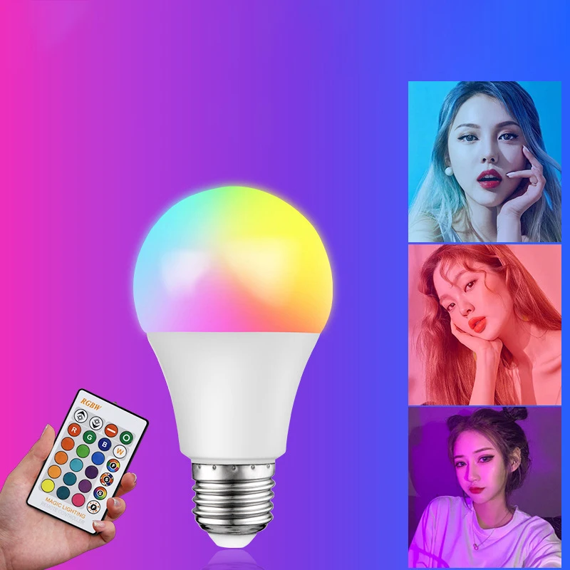 ไฟ LED หลอดไฟสีสัน E27สกรูพลาสติกหุ้มหลอดไฟอลูมิเนียมไฟ RGB เปลี่ยนสีได้พราวไฟกลางคืนควบคุมระยะไกล