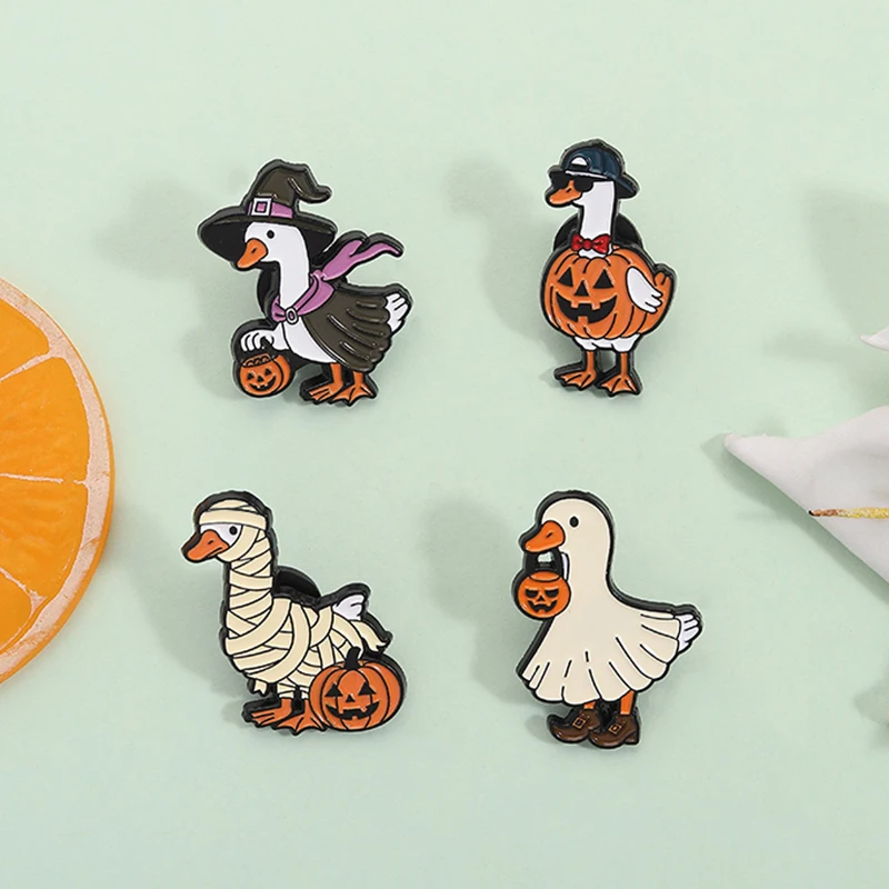Just A Boney Goose Skeleton Enamel Pins Spooky Halloween Goose Skeleton Pumpkin Brooches Lapel Badge Jewelry Gifts for Friends