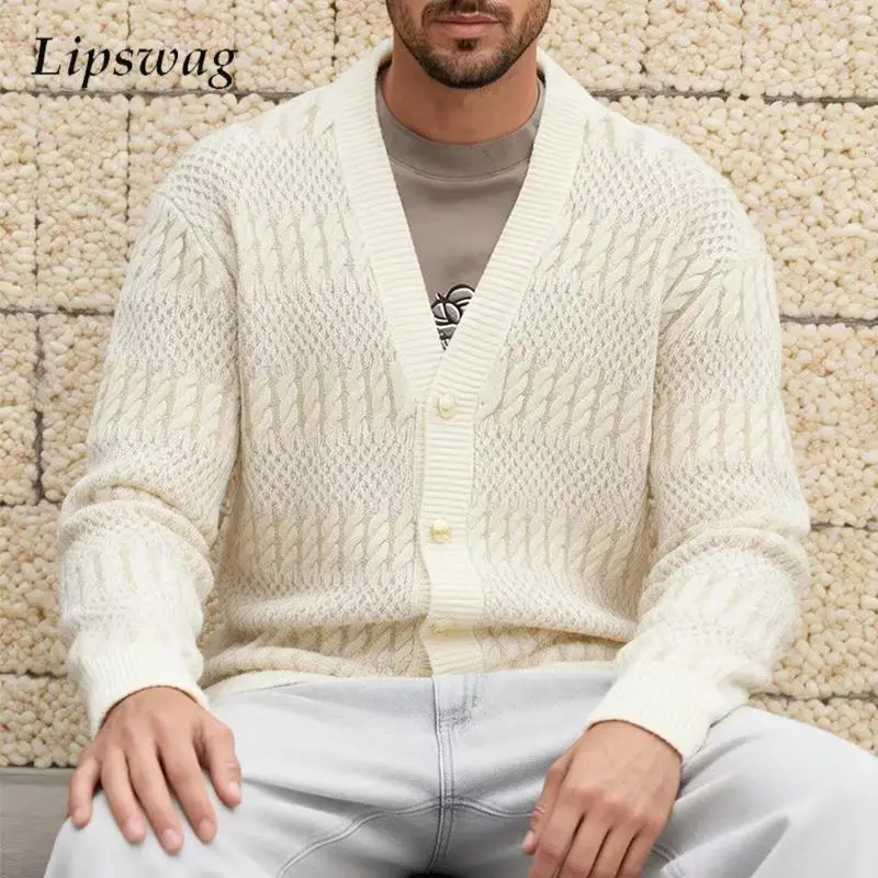 

Стильный мужской вязаный кардиган на весну-осень с длинным рукавом, на пуговицах, с V-образным вырезом, винтажный однотонный свитер-пальто