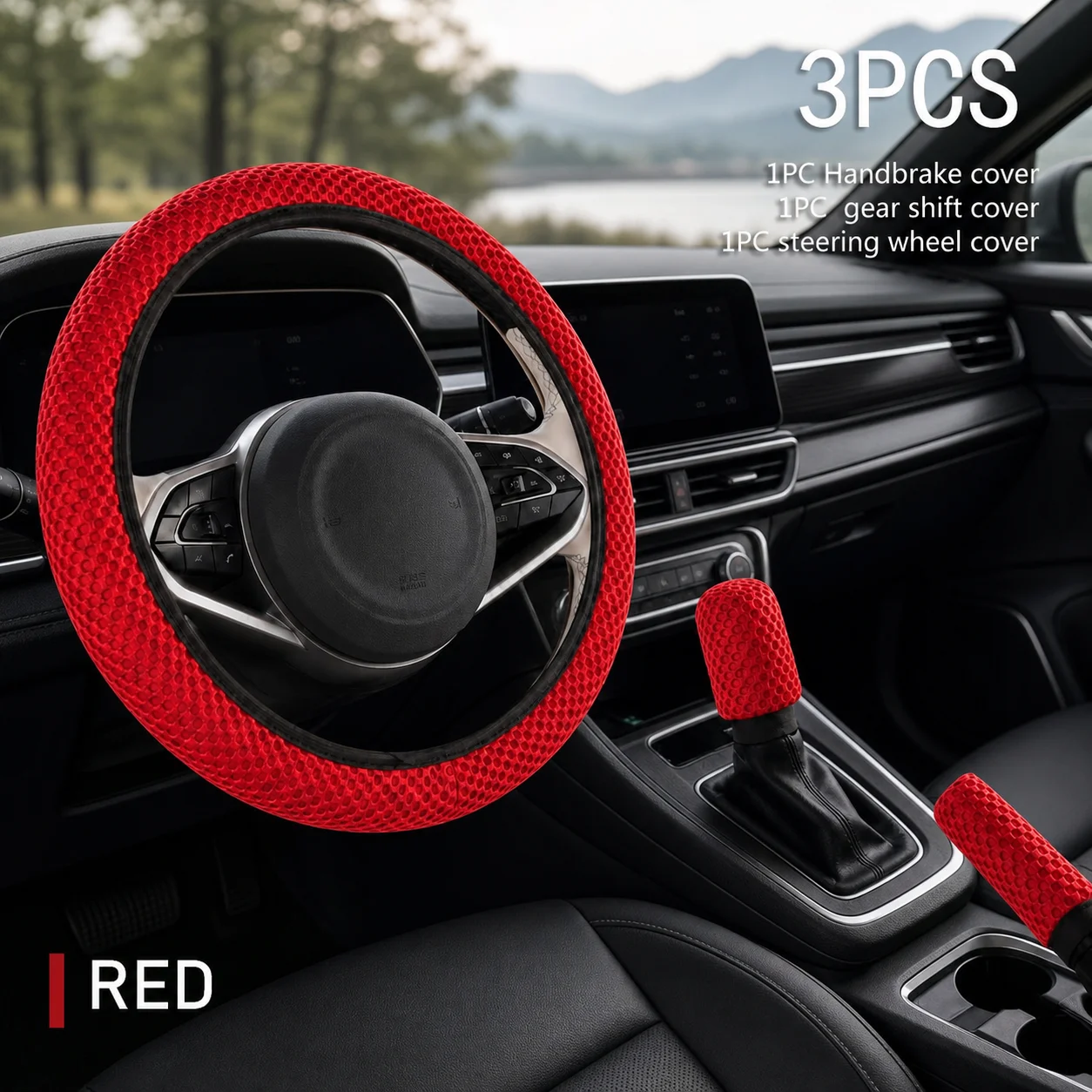 3pcs Breathable Non-Slip Steering Wheel Cover Set, with Gear Shift Cover and Handbrake Cover, Suitable for All Seasons