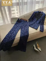 Fashion Women Floral Jacquard Sequined Beading Two Piece Set Office Ladies Single Breasted Blazer Wide Leg Pants Party Suit Set