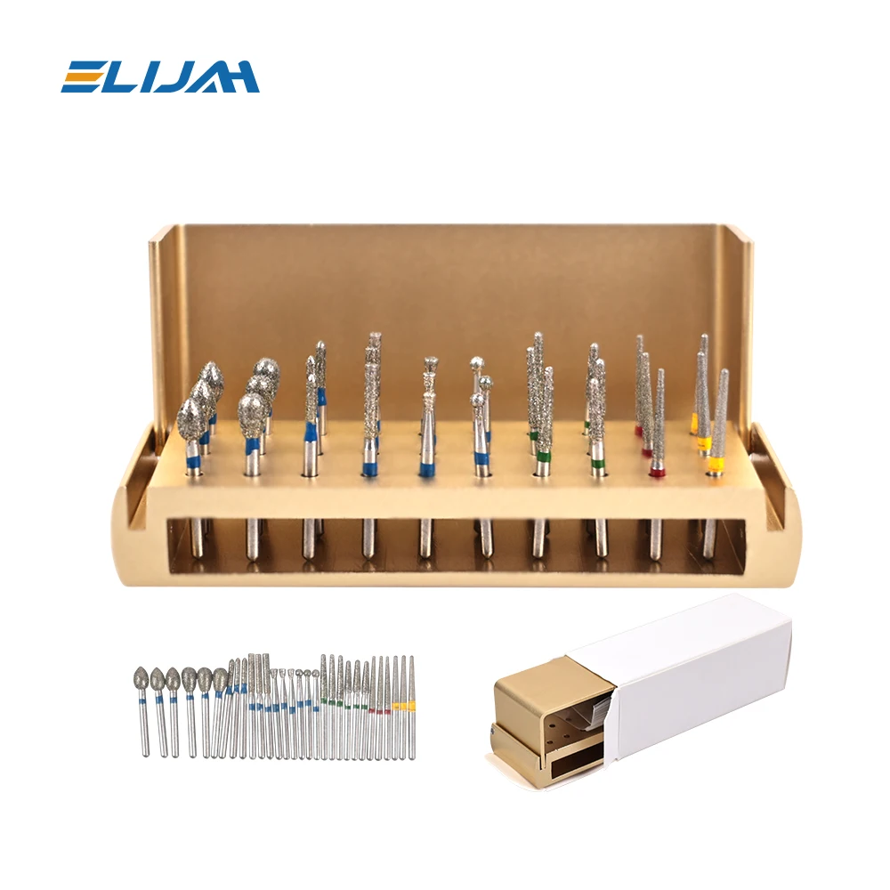 30Pcs/Set Dental Diamond Burs Kit with Holder for High Speed HandpiecePolishing Drillls + 1pcs Aluminum Disinfection Holder Bloc