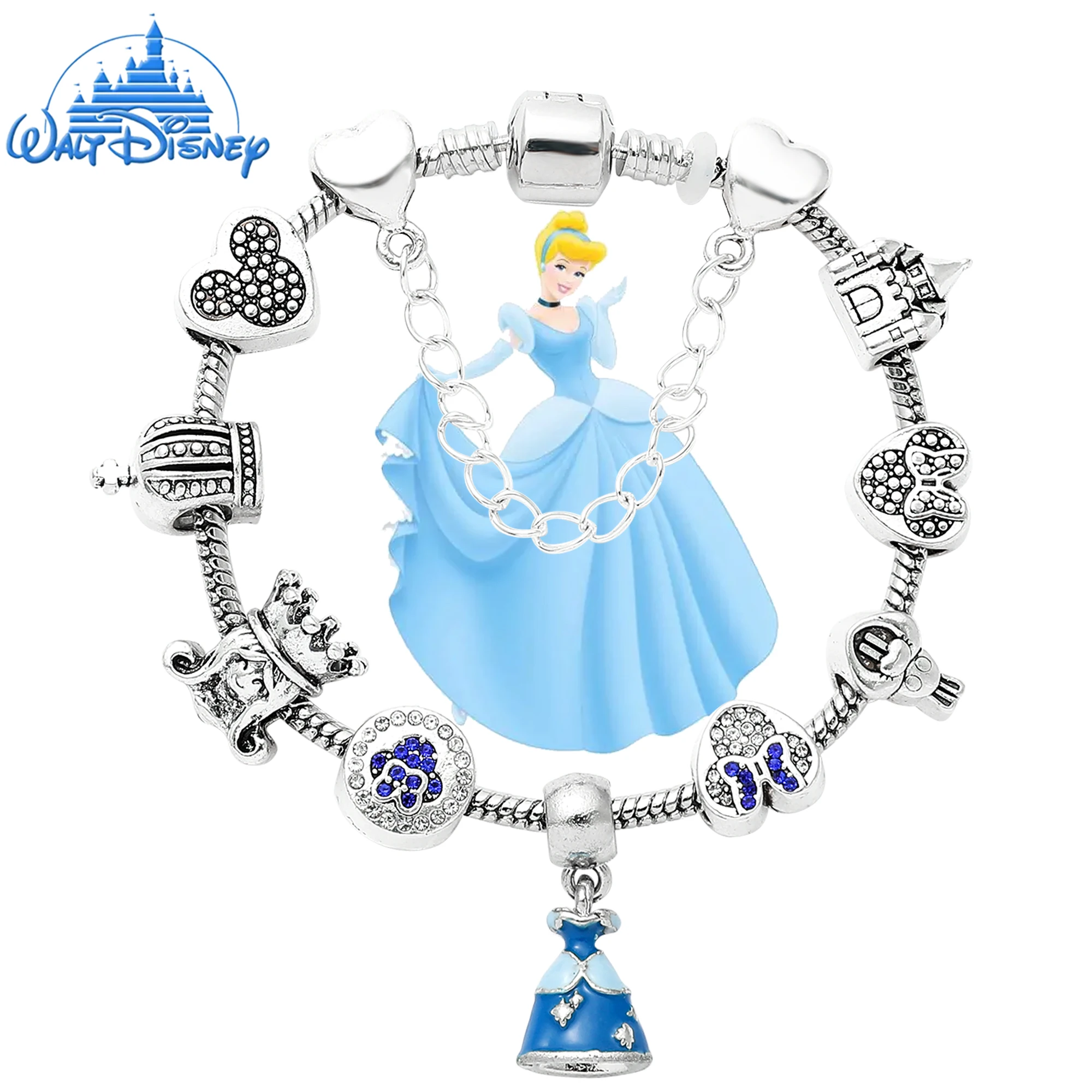 Disney Cinderella Princess Dress Pendant Bracelet Silver Color Castle Bead Bangle Christmas Jewelry Gifts For Women Accessories