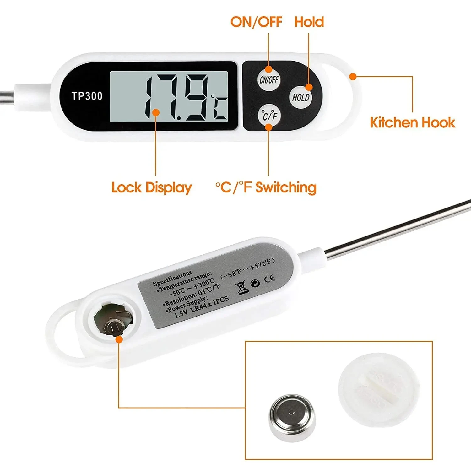 Accurate, Reliable Long Probe Food Thermometer for Precision Kitchen Cooking with Instant Read LCD Display and Convenient Auto O