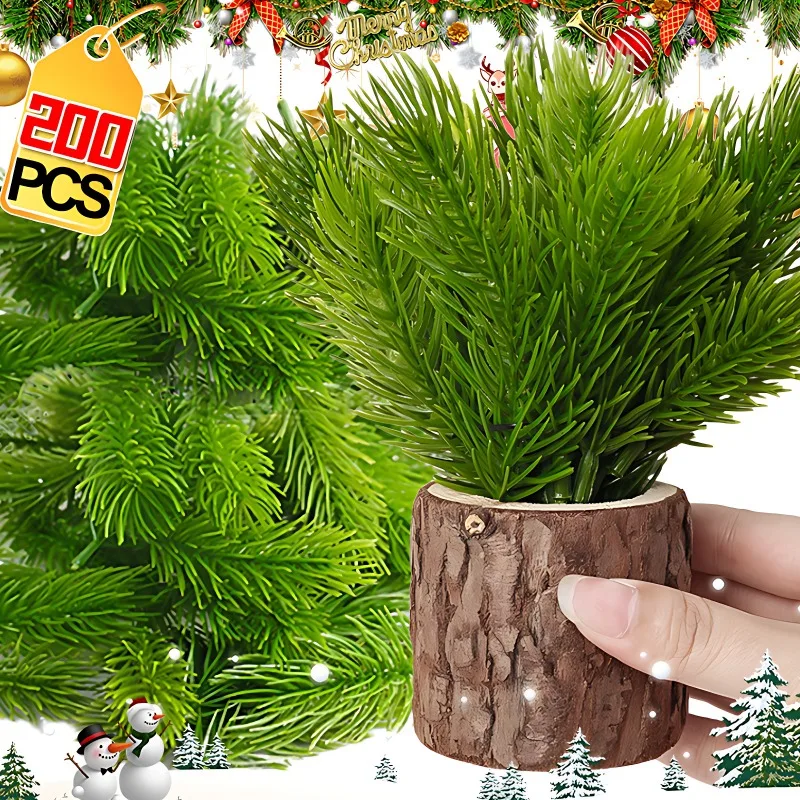 200/10Pcs Christmas Artificial Pine Needles Fake Pine Branches DIY Garland Green Leaves Plant Flowers Home Xmas Party Decoration