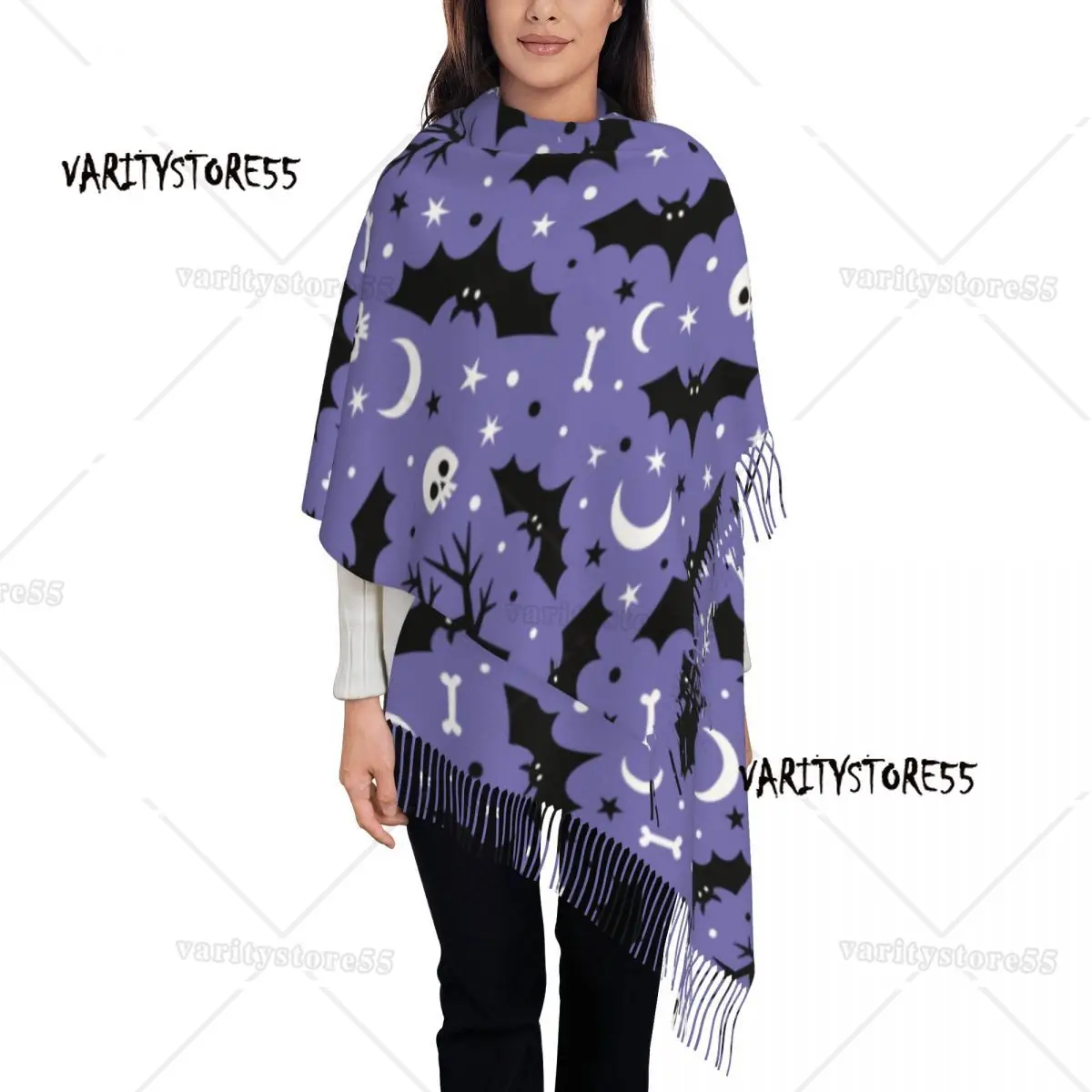 

Custom Halloween Spooky Bats Skull Scarf Wrap Women Long Winter Fall Warm Tassel Shawl Unisex Goth Occult Witch Scarves