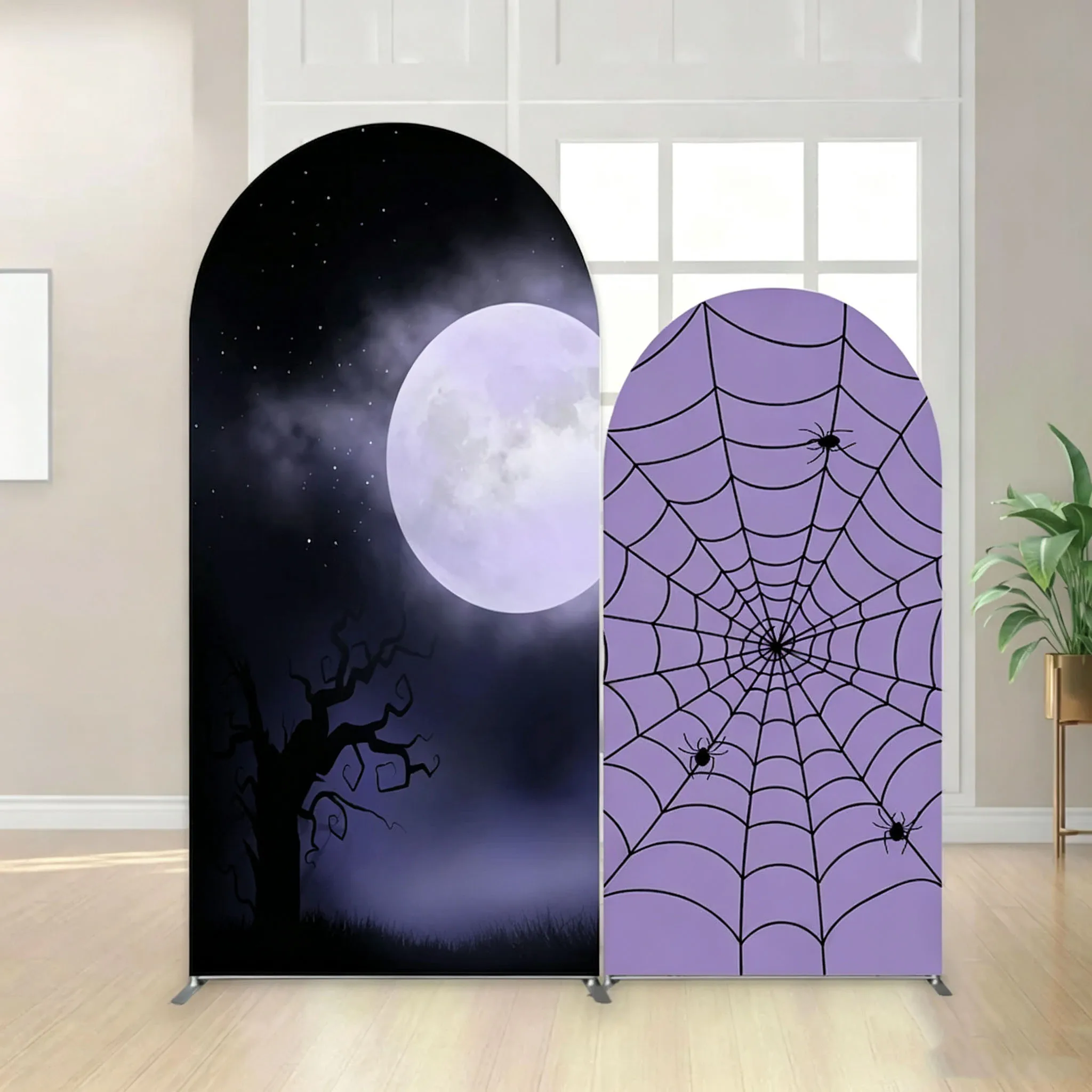 Custom Double-Sided Halloween Party Arch Backdrop Cover Night Moon Spider Web Purple Birthday Party Photobooth Background