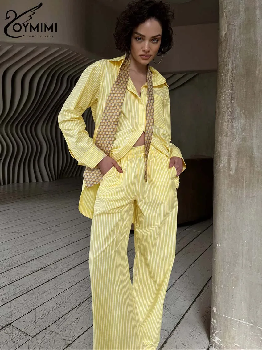 Oymimi Casual Yellow Cotton 2 Piece Sets Women Outfit Fashion Lapel Long Sleeve Button Shirts + High Waist Straight Trousers Set