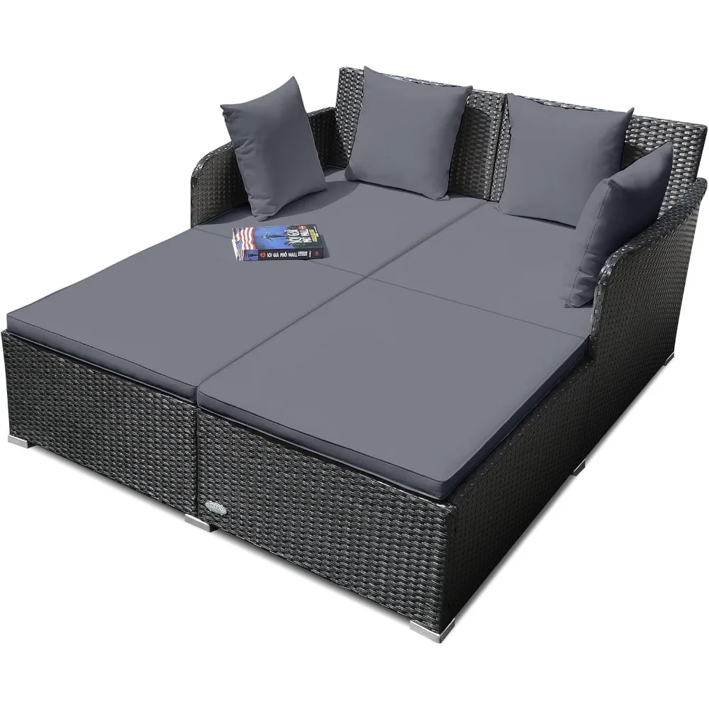 Rattan Patio Outdoor Daybed, Wicker 2-Person Sunbed Loveseat with Soft Cushions, 4 Pillows, Curved Backrest & Armrest