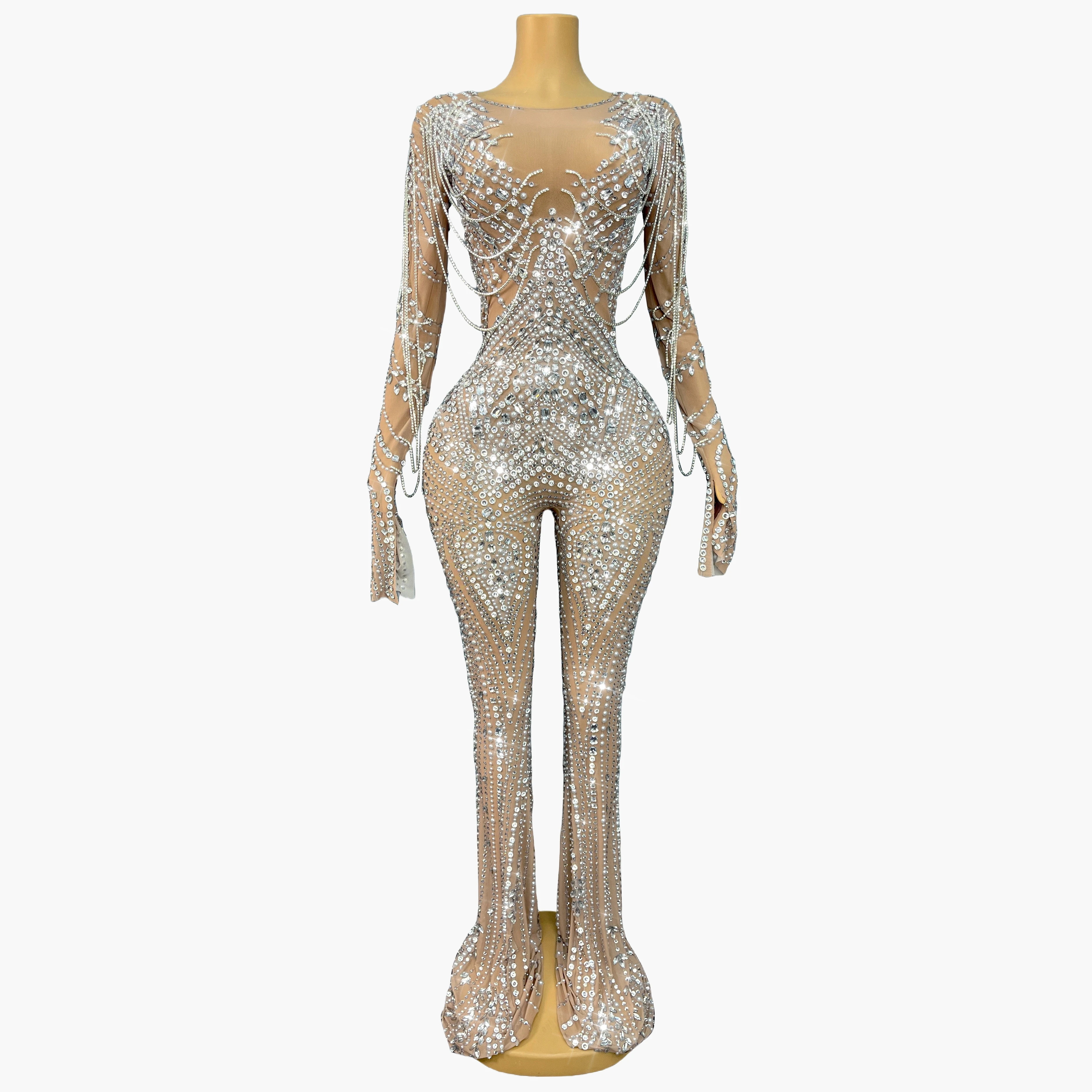 Peleles de manga larga con diamantes de imitación para noche, mono con cadenas de cristales ostentosos, mono elástico brillante Sexy para cumpleaños, Ropa de baile kuotui