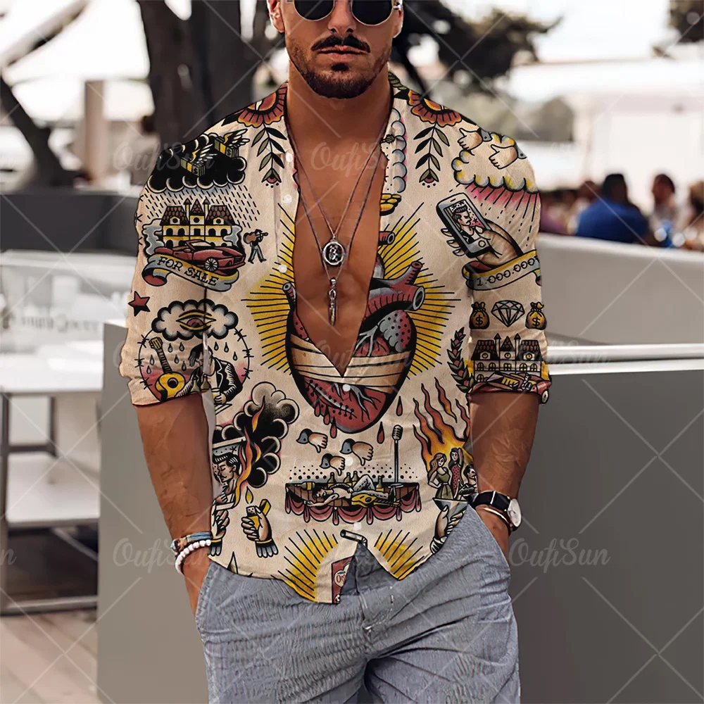 Camisa havaiana sereia masculina, estampa floral 3D, lapela, manga comprida, streetwear social, tops soltos, roupas masculinas, casual, mitos, novo, 2022