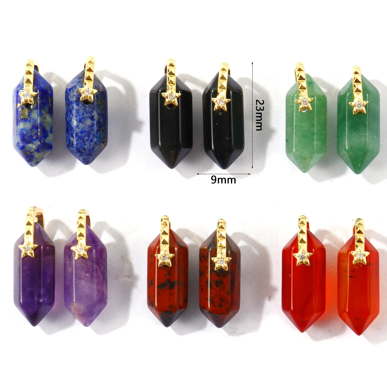 1pc Multicolor Geometric Natural Stone Hexagonal Prism Cubic Zirconia Charms Gold Plated Brass Pendant For DIY Necklace Jewelry