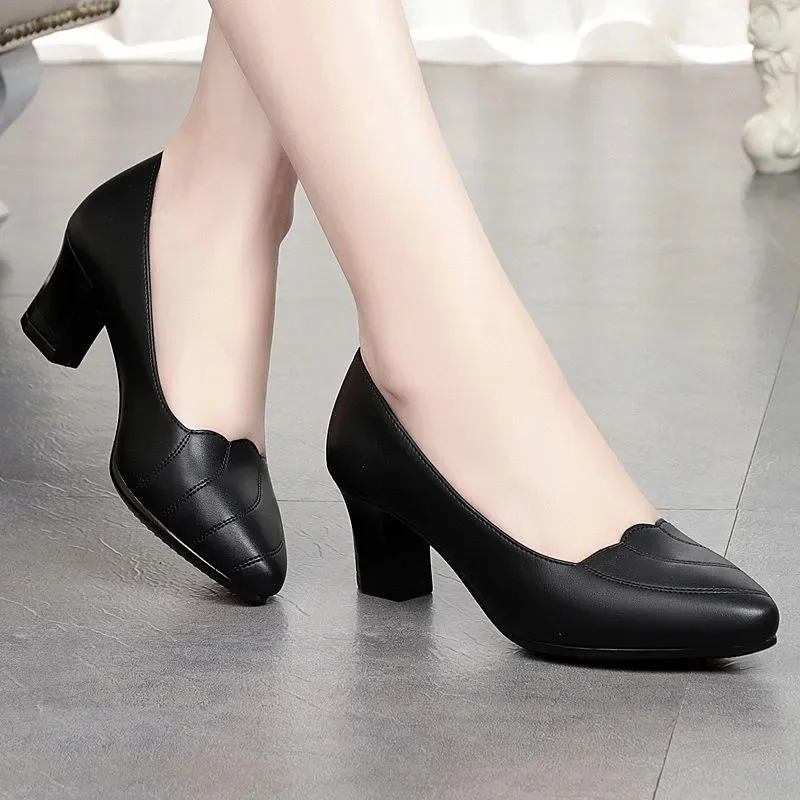 Women Cute Sweet Round Toe Black Pu Leather Spring Slip on Square Heel Shoes Zapatos De Mujer Lady Plus Size Office Pumps B37