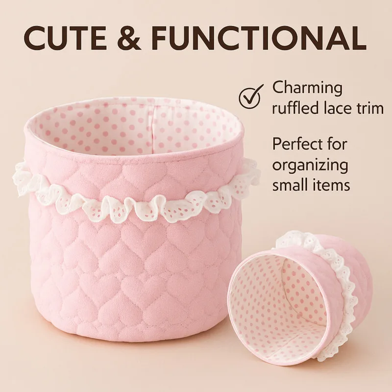 

Multi-Purpose Baby Storage Basket With Lace Decor For Crib Toy Makeup Desktop Organization Nursery Room Essentials