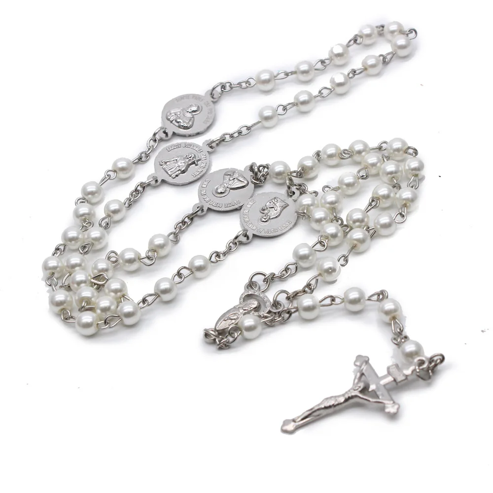 Catholic Black Crystal Cross Pendant Necklace Vintage Men and Women Jesus Religious Jewelry Rose Prayer Beads 8mm Gothic Alloy