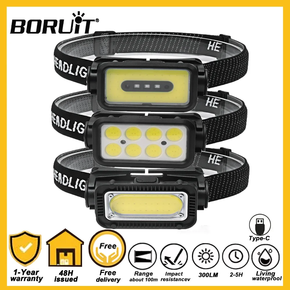 

BORUiT COB светодиодный рабочий налобный фонарь, мощный сенсорный фонарь Type-C, перезаряжаемый фонарь, водонепроницаемый, для кемпинга, рыбалки, поиска, фонаря